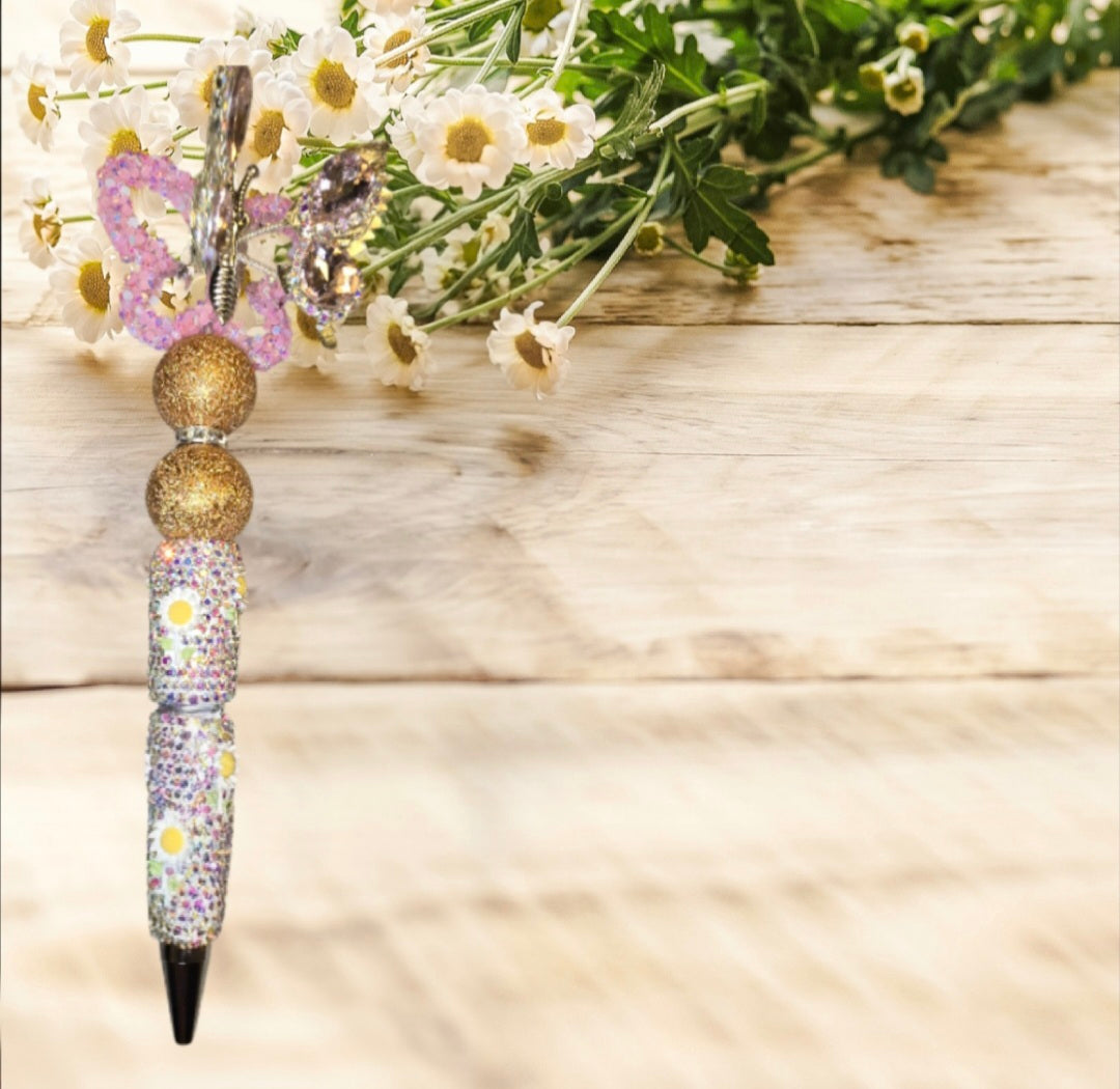 Stylo strass fait main papillon rose
