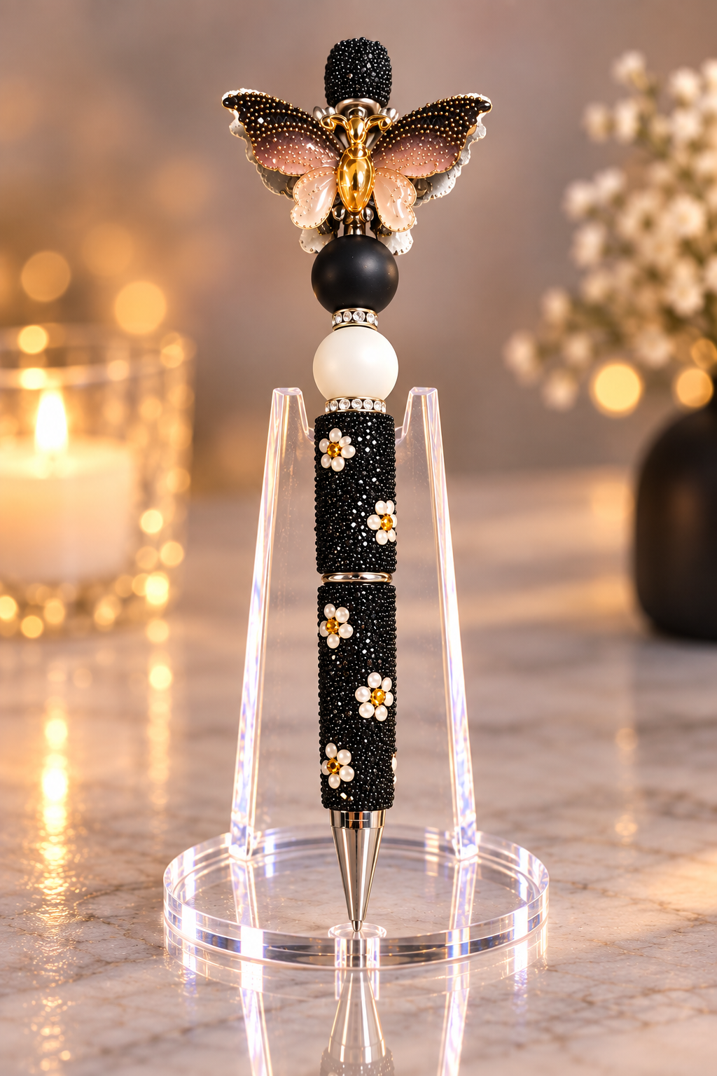 Stylo strass fait main papillon d'Onyx