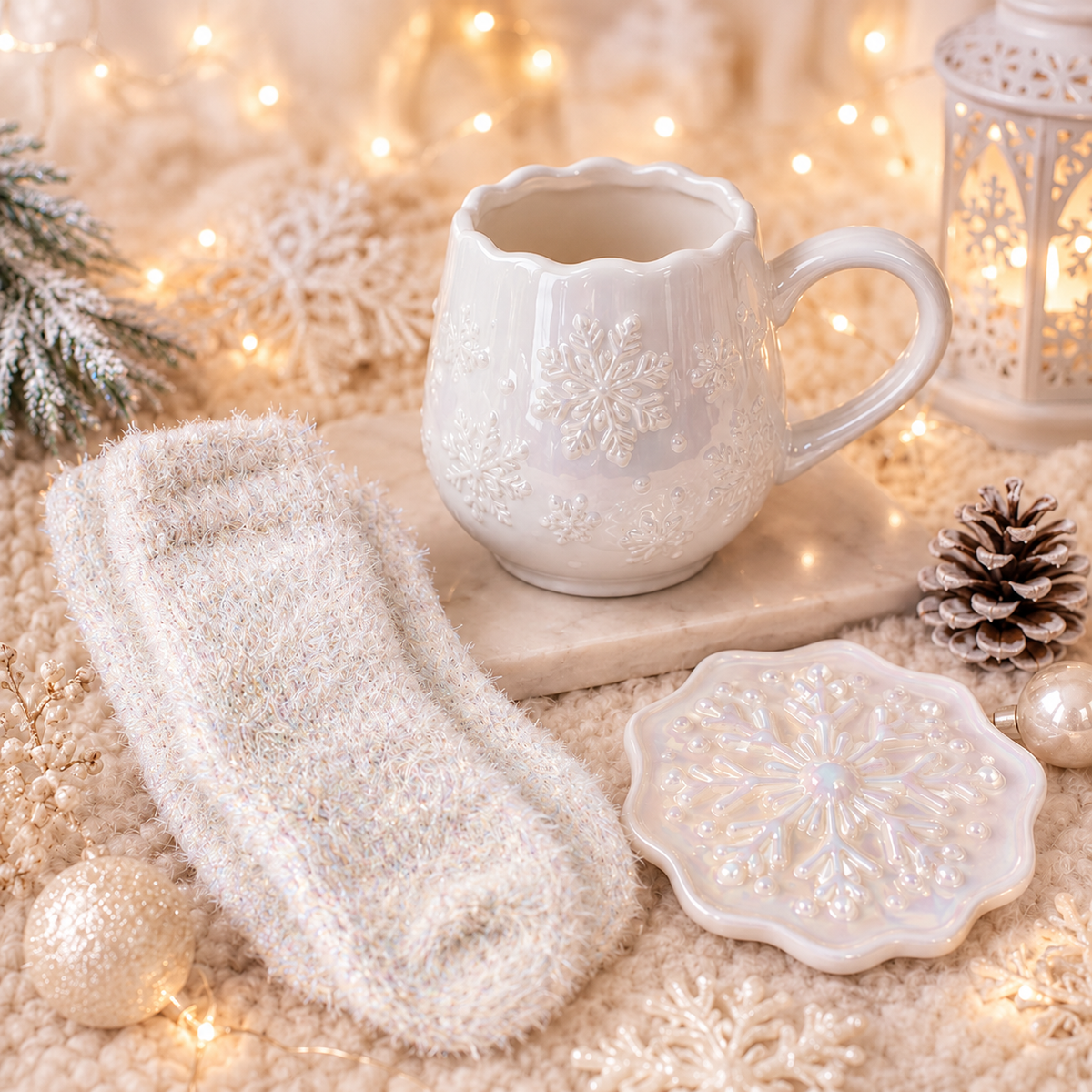 Ensemble mug flocon, dessous de verre et 1 paire de chaussettes