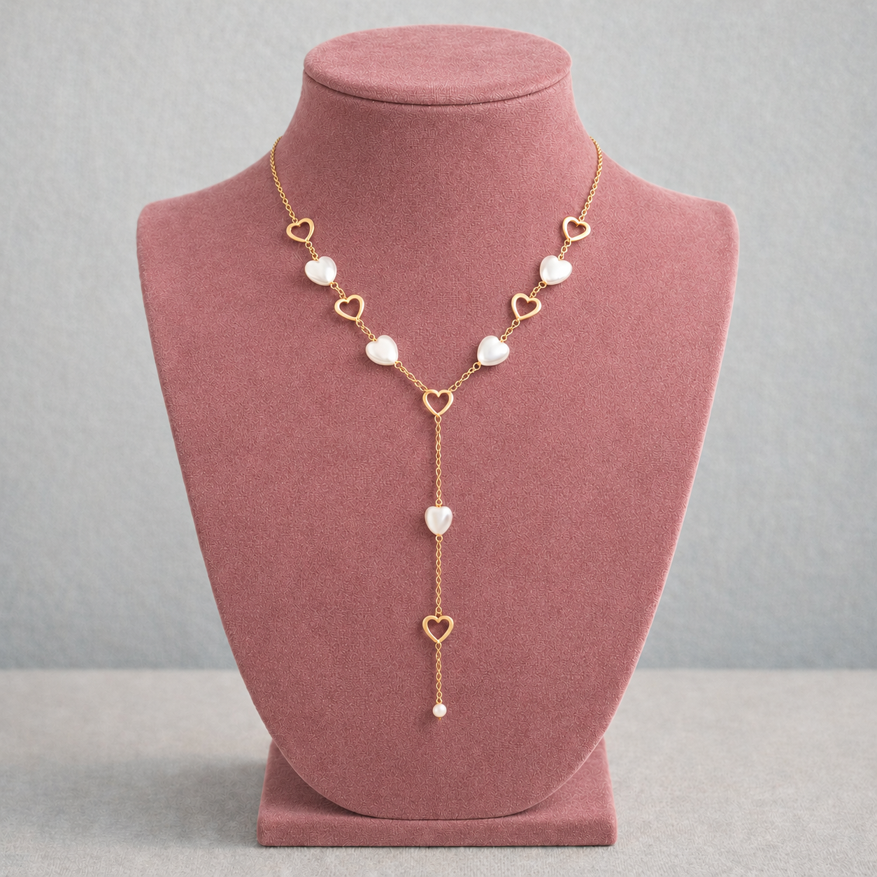 Collier doré en Y cœur ajouré et perle blanche