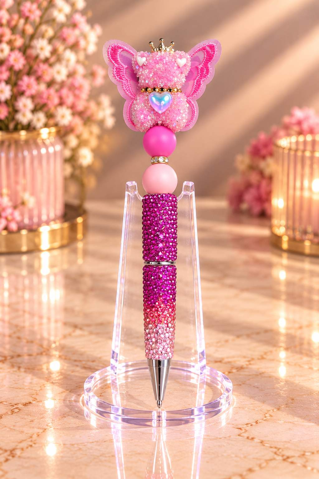 Stylo strass fait main ours papillon rose