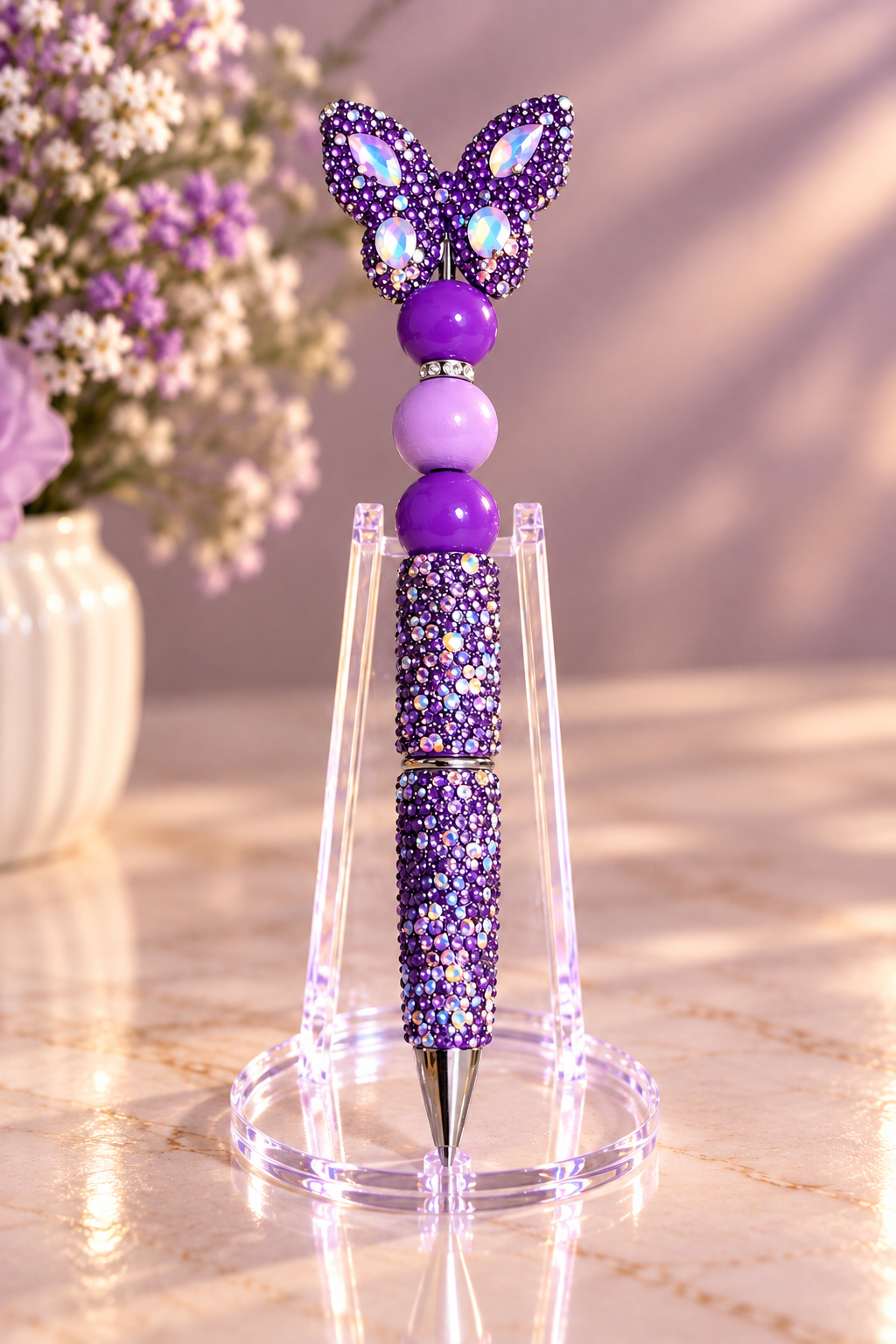 Stylo strass fait main papillon améthyste