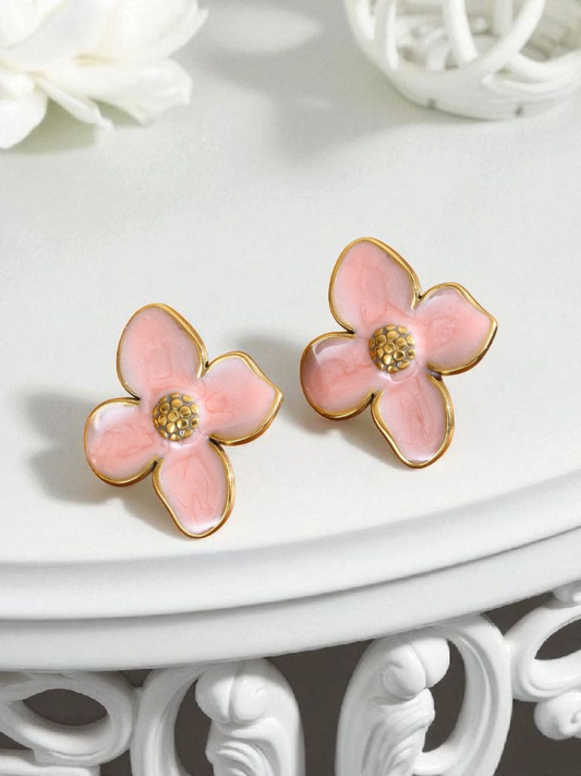 Boucles d'oreilles dorées florales roses en émail
