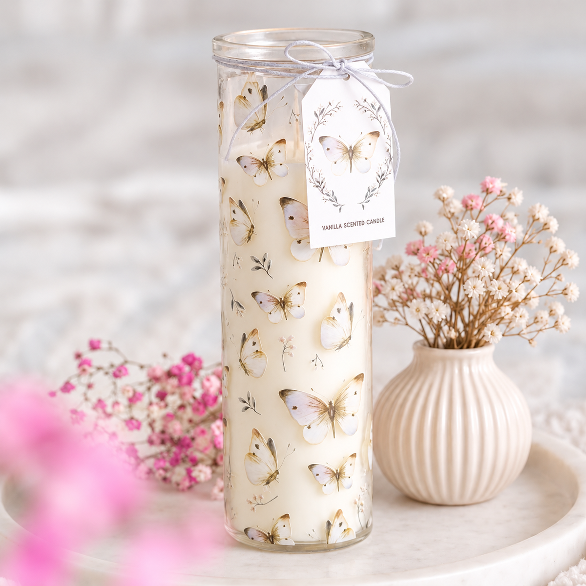 Bougie parfumée à la vanille – Envolée de papillons blancs