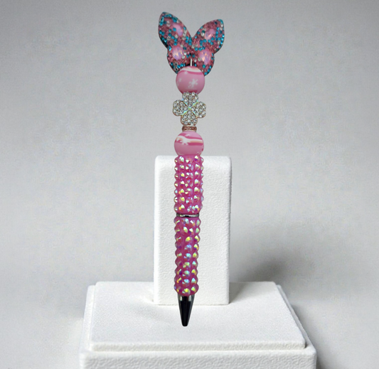 Stylo strass fait main papillon rose et bleu 🦋 et trèfle argenté 🍀