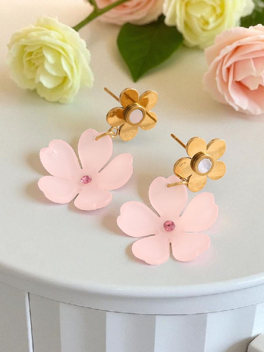 Boucles d'oreilles double fleur rose