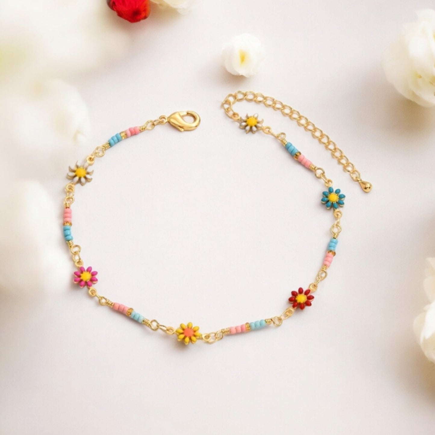 Bracelet de cheville marguerites et perles