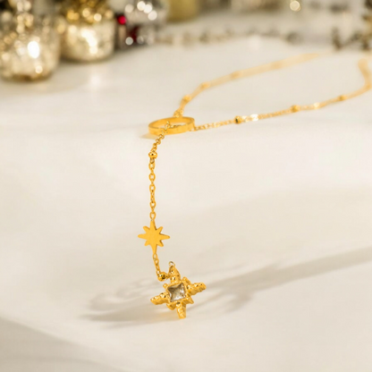 Collier chaîne dorée en Y avec strass fleur étoilée