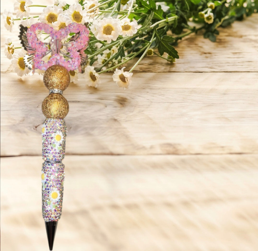 Stylo strass fait main papillon rose