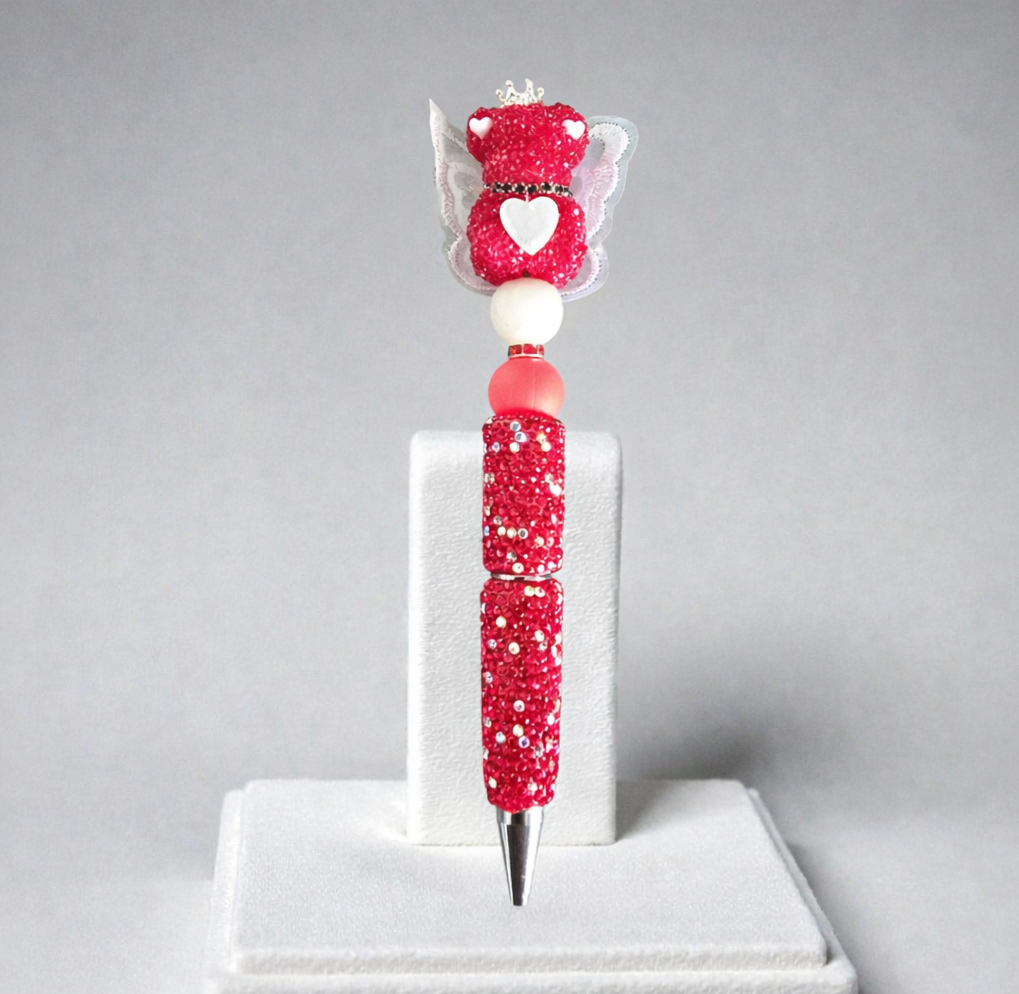 Stylo strass fait main ourson ange rouge et blanc 🧸