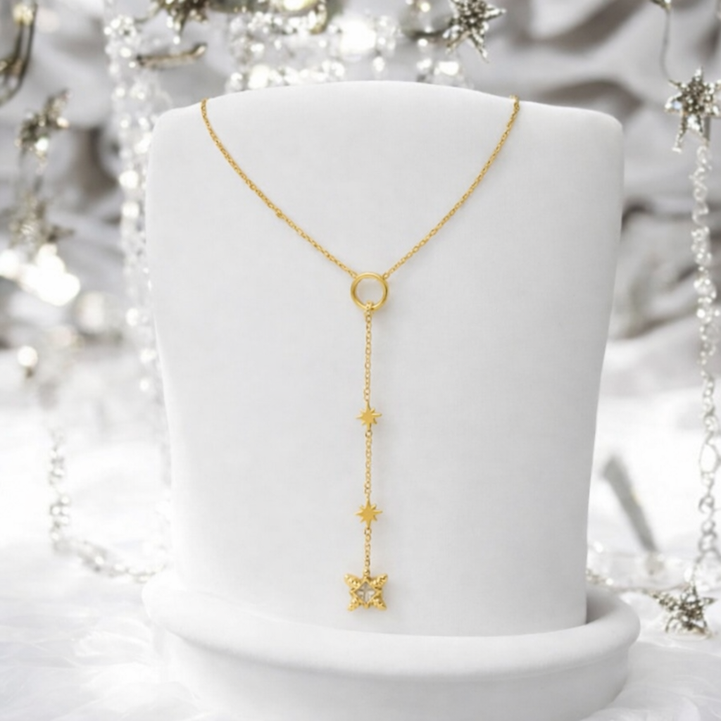 Collier chaîne dorée en Y avec strass fleur étoilée