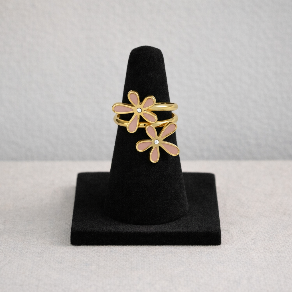 Bague dorée spirale double fleurs roses
