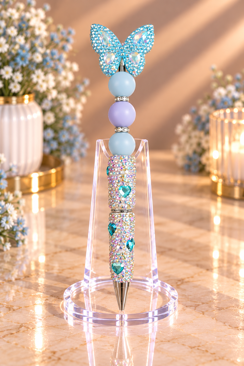 Stylo strass fait main papillon cristal bleu