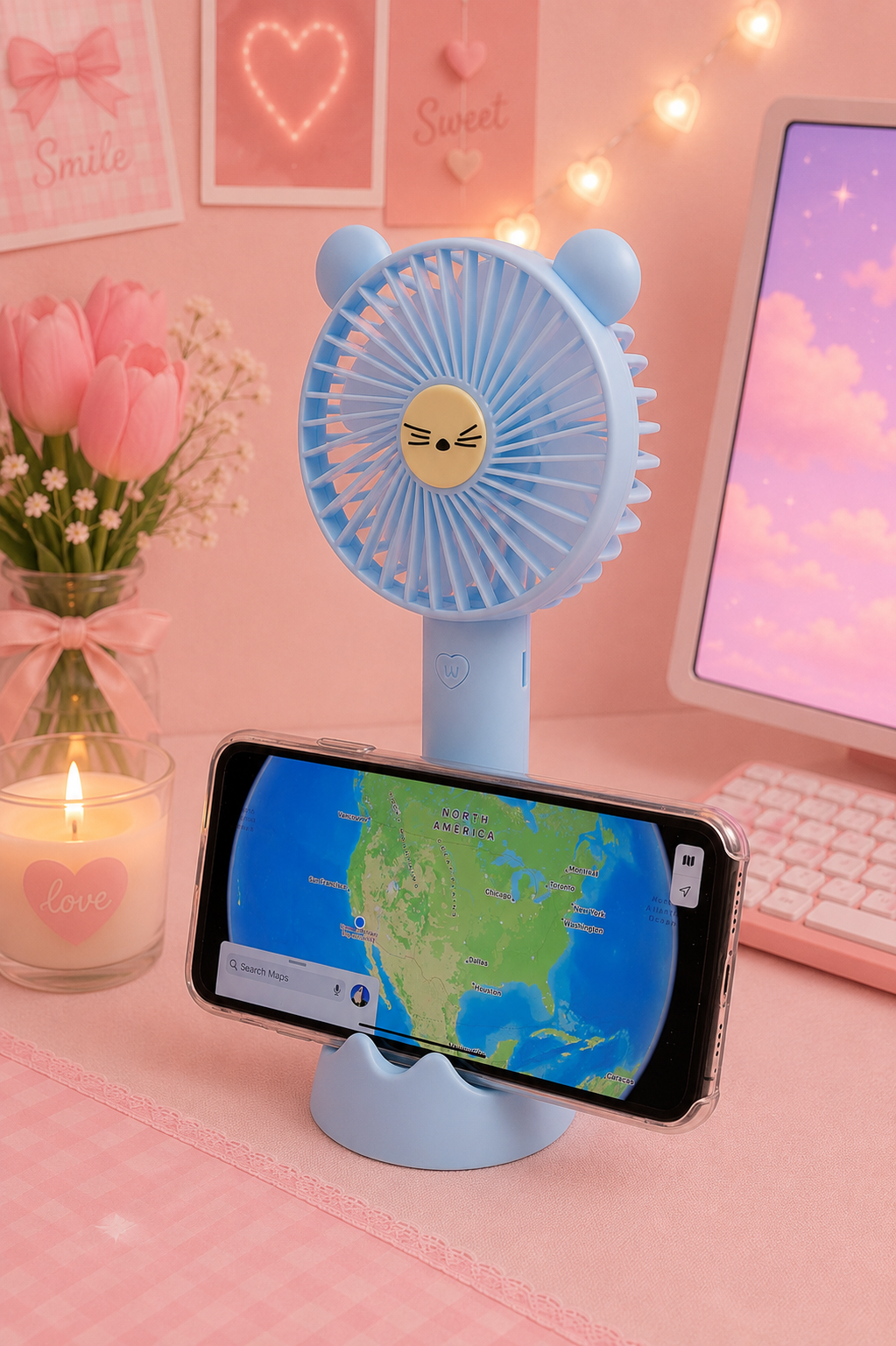 Ventilateur portable rechargeable USB – Ourson avec support téléphone