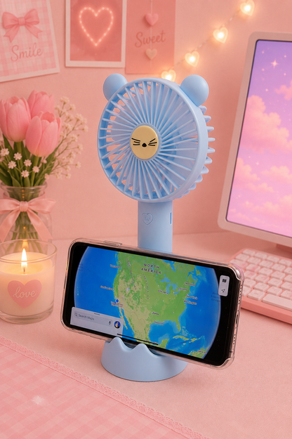 Ventilateur portable rechargeable USB – Ourson avec support téléphone