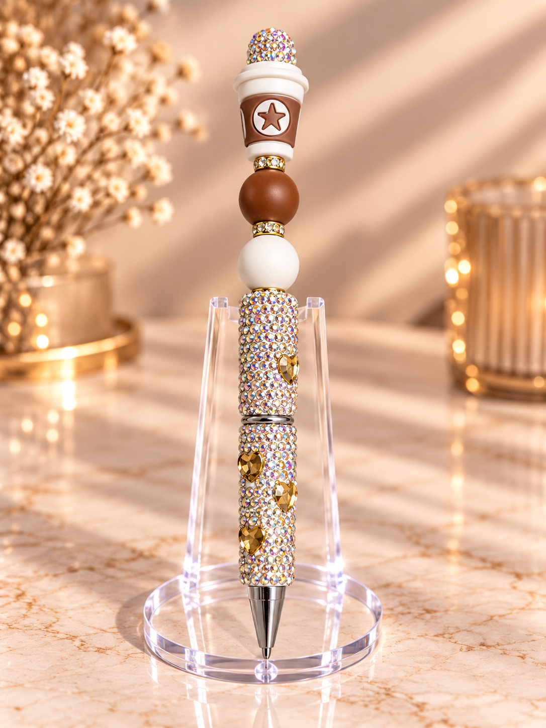 Stylo strass fait main pause café étoilé
