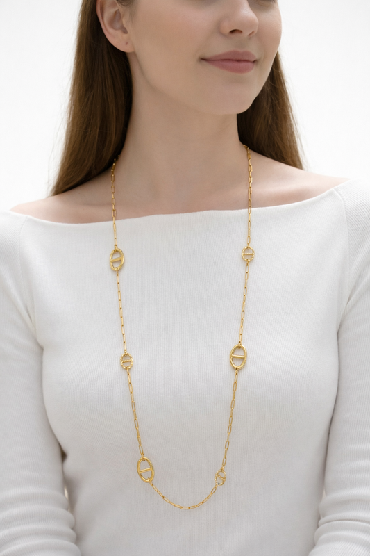 Collier sautoir mailles marine strassées