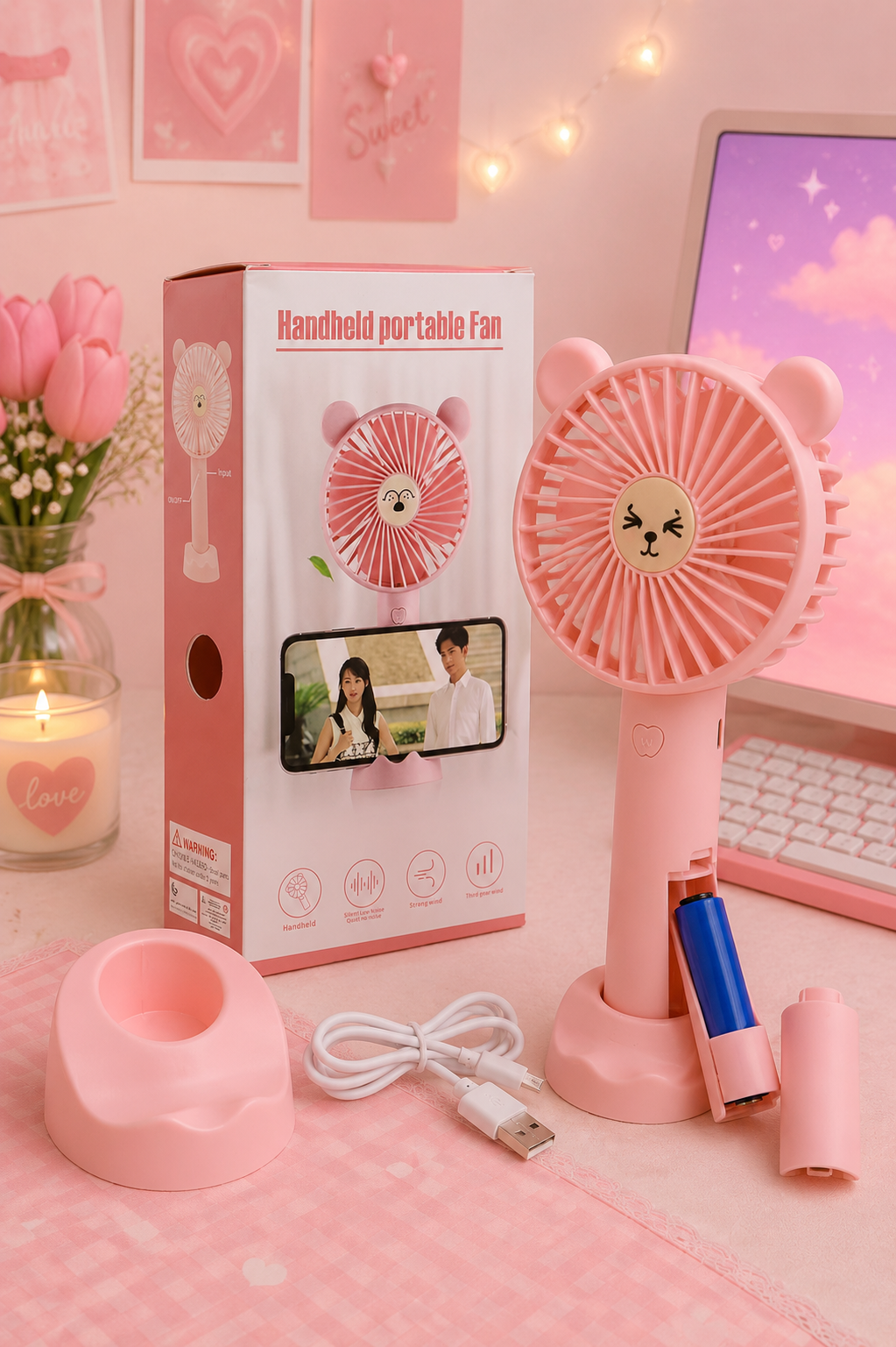 Ventilateur portable rechargeable USB – Ourson avec support téléphone