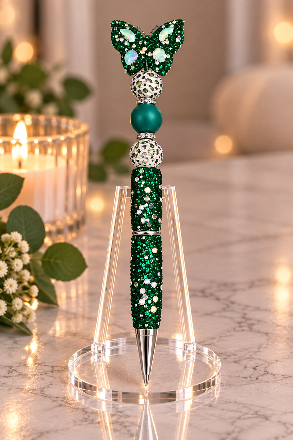 Stylo strass fait main émeraude