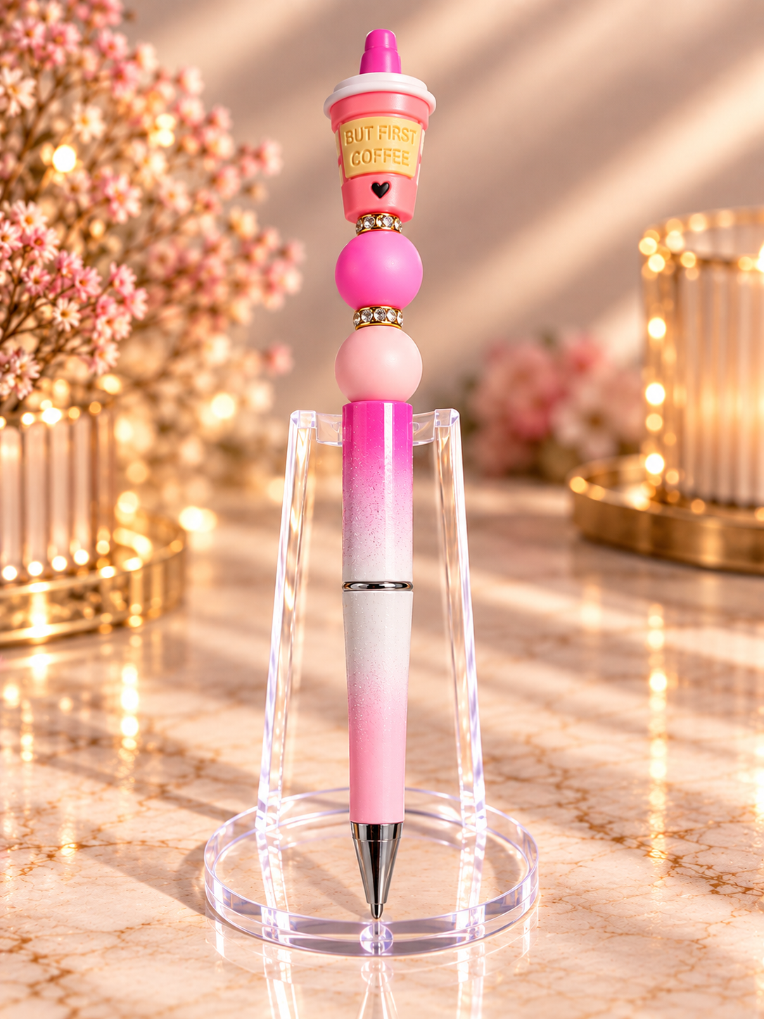 Stylo strass fait main pause café rose