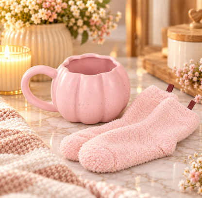 Ensemble mug citrouille rose avec 1 paire de chaussettes