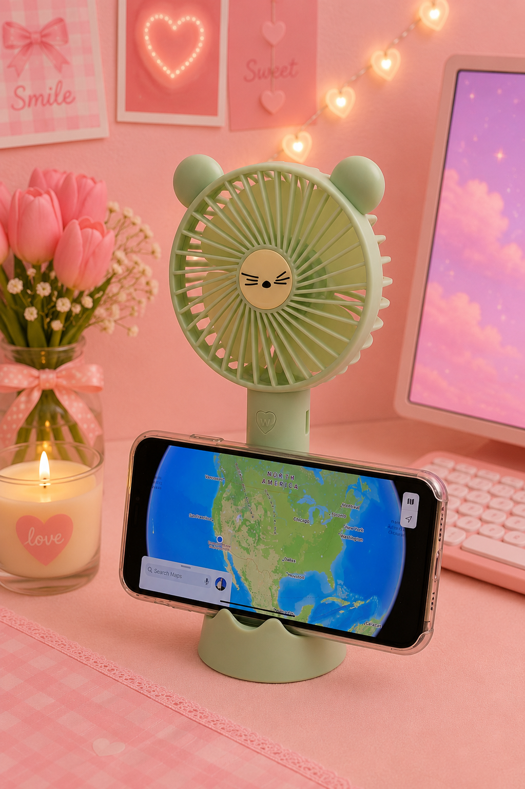 Ventilateur portable rechargeable USB – Ourson avec support téléphone