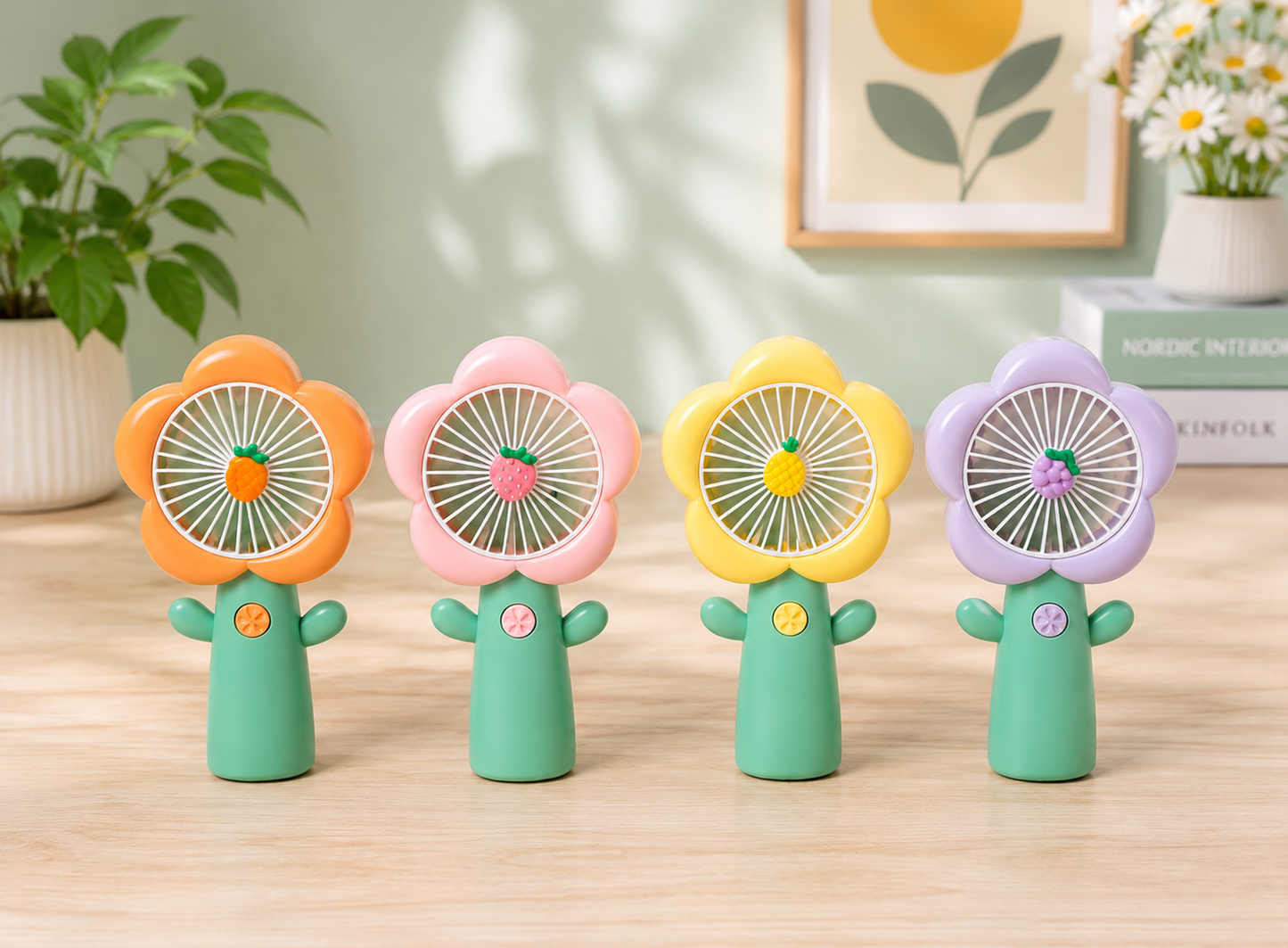 Ventilateur portable rechargeable USB avec dragonne – Fleur pastel
