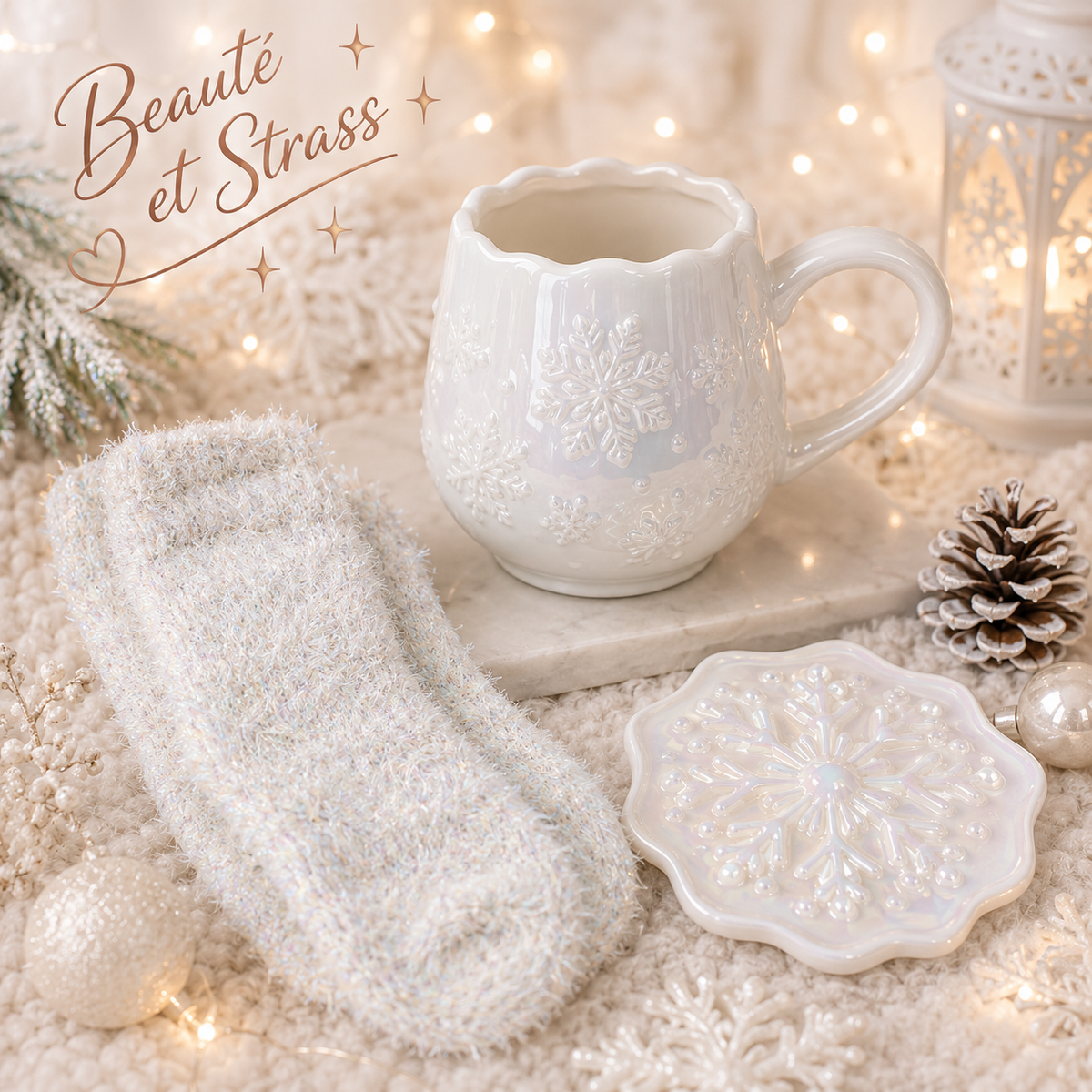 Ensemble mug flocon, dessous de verre et 1 paire de chaussettes