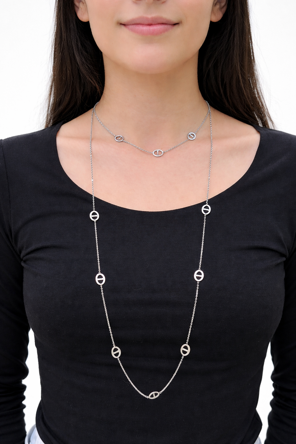 Collier sautoir double à chaîne fine et mailles marine