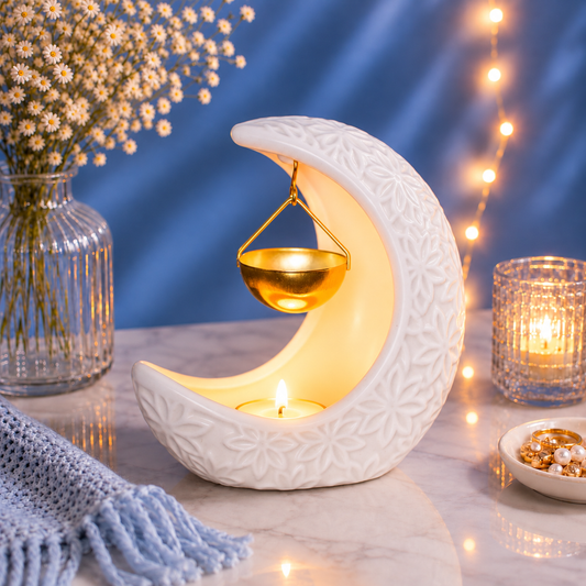 Brûle-parfum croissant de lune fleuri blanc