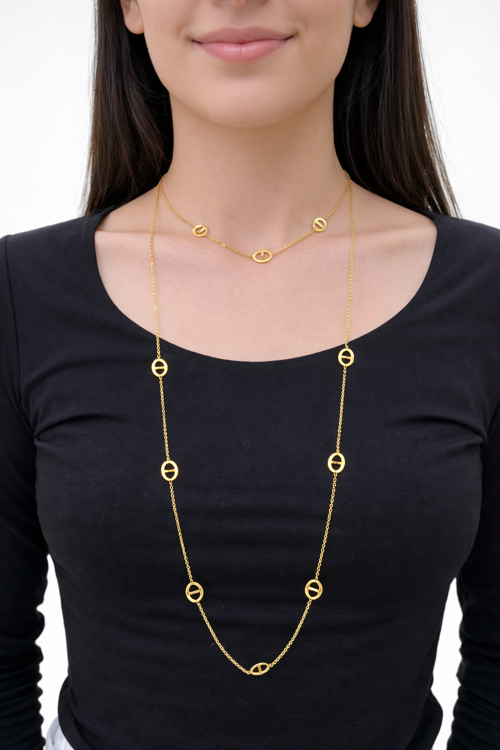 Collier sautoir double à chaîne fine et mailles marine