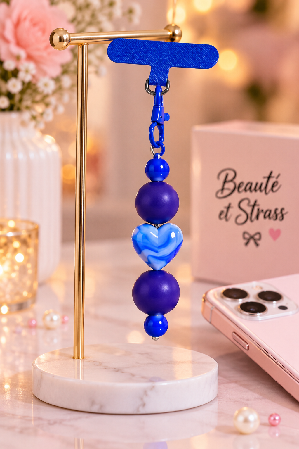 Bijoux de téléphone fait main personnalisé cœur indigo