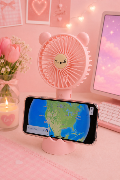 Ventilateur portable rechargeable USB – Ourson avec support téléphone