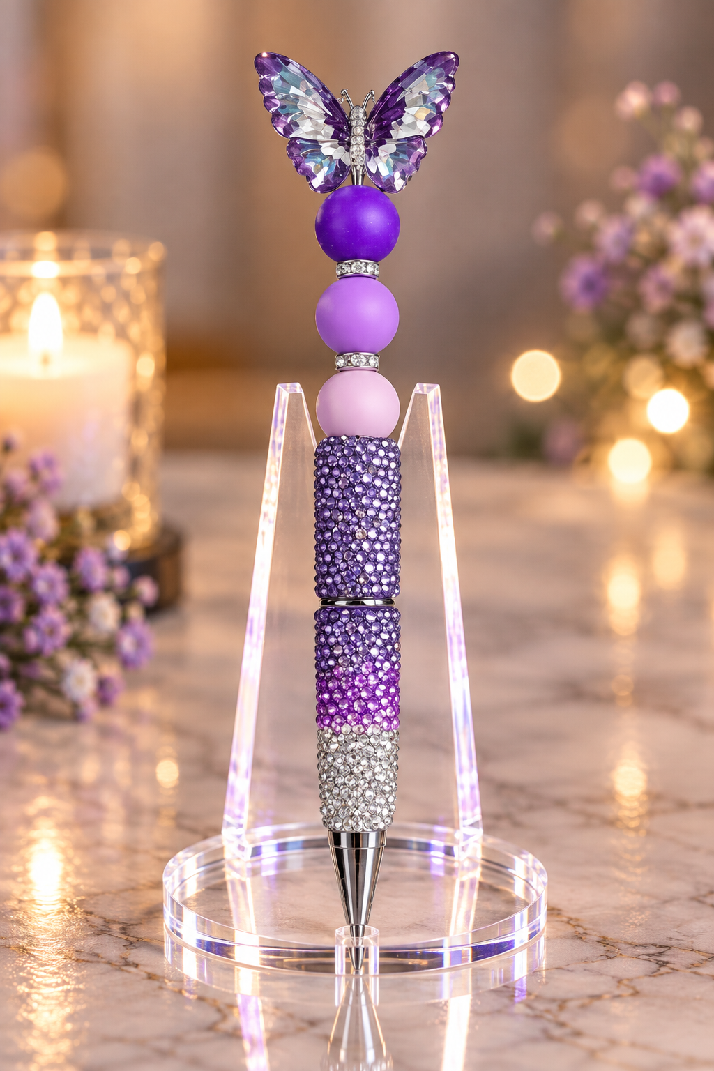 Stylo strass fait main papillon d'améthyste
